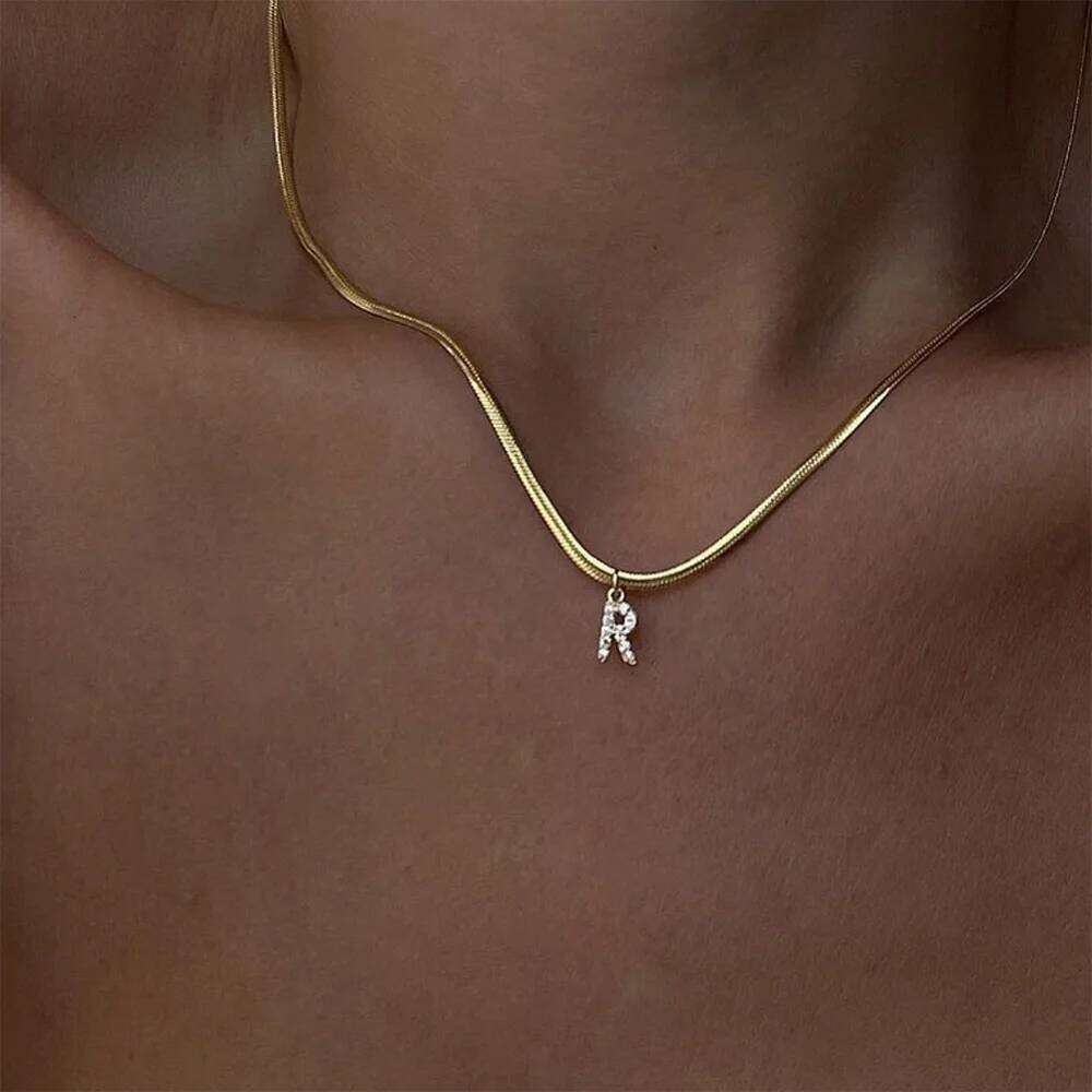 Vnox A-Z Tiny Women Initial Necklace,Small Bling Letter Girl Chain Choker,Gold Color Stainless Steel Layered Collar Pendant H260312