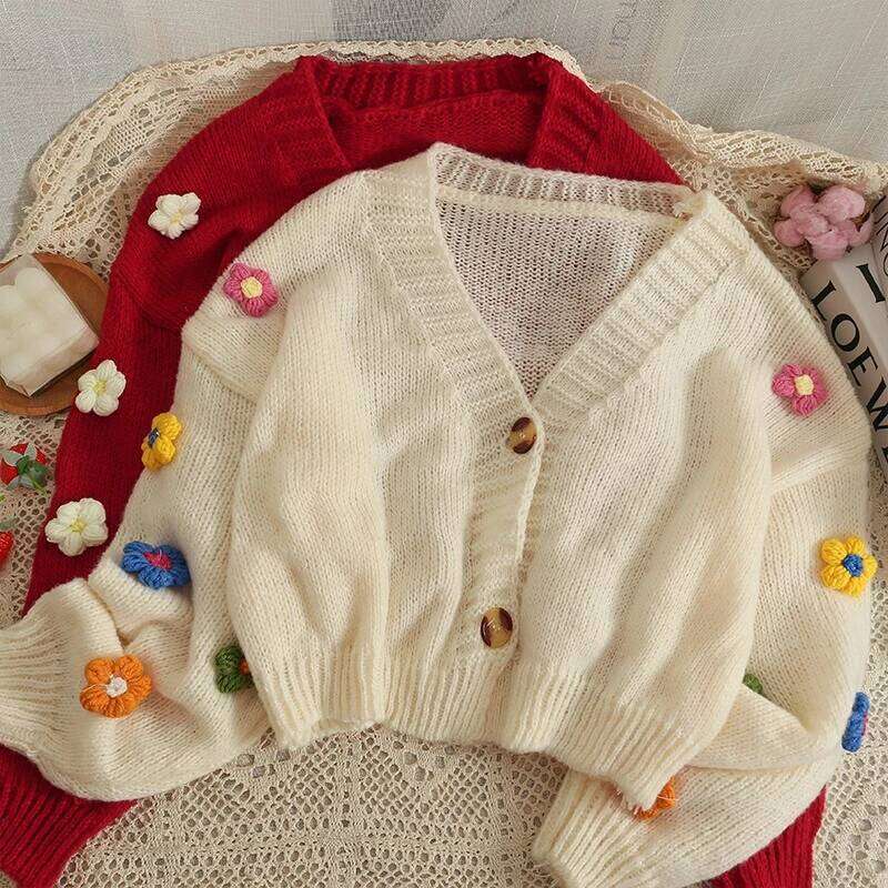2025 New Autumn Winter Colourful Applique Flower Cardigan for Women Cute Long V-neck Knit Crop Sweater Girl Soft Knitwear Z260313