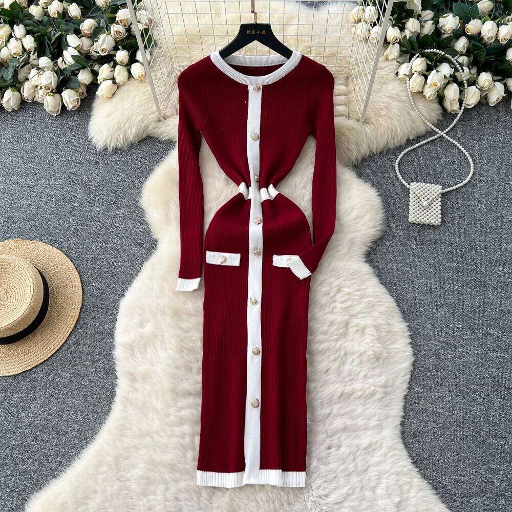 REALEFT Autumn Winter Vintage Patchwork Single Breasted Women's Knitted Dress High Waist O-neck Long Sleeve Sweater Dresses Z260314