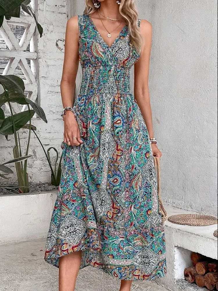 Fashion Sleeveless Maxi Boho Dress Women 2024 Summer Print Elastic Waist Bohemian Elegant Tank Long Dresses For Women Robe FemmeT260316