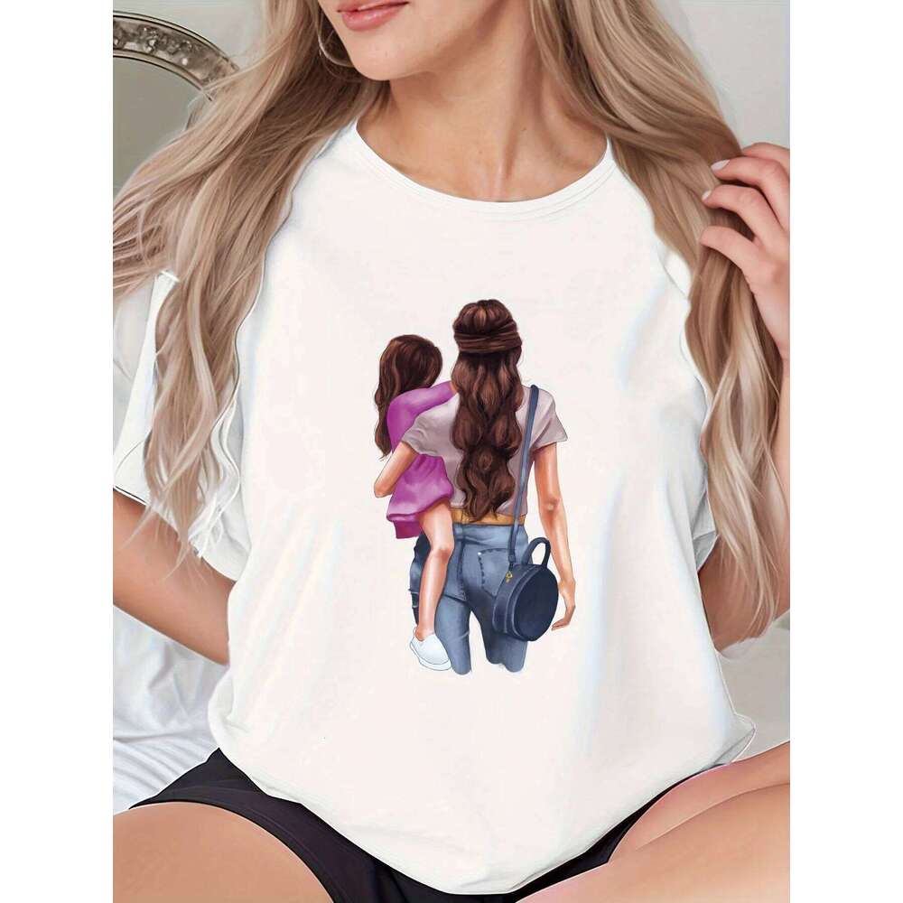 Interesting Mother Daughter Silhouette Print Women's Casual Sleeve T-shirt Shirt Fashionable and Unique Summer Z260314