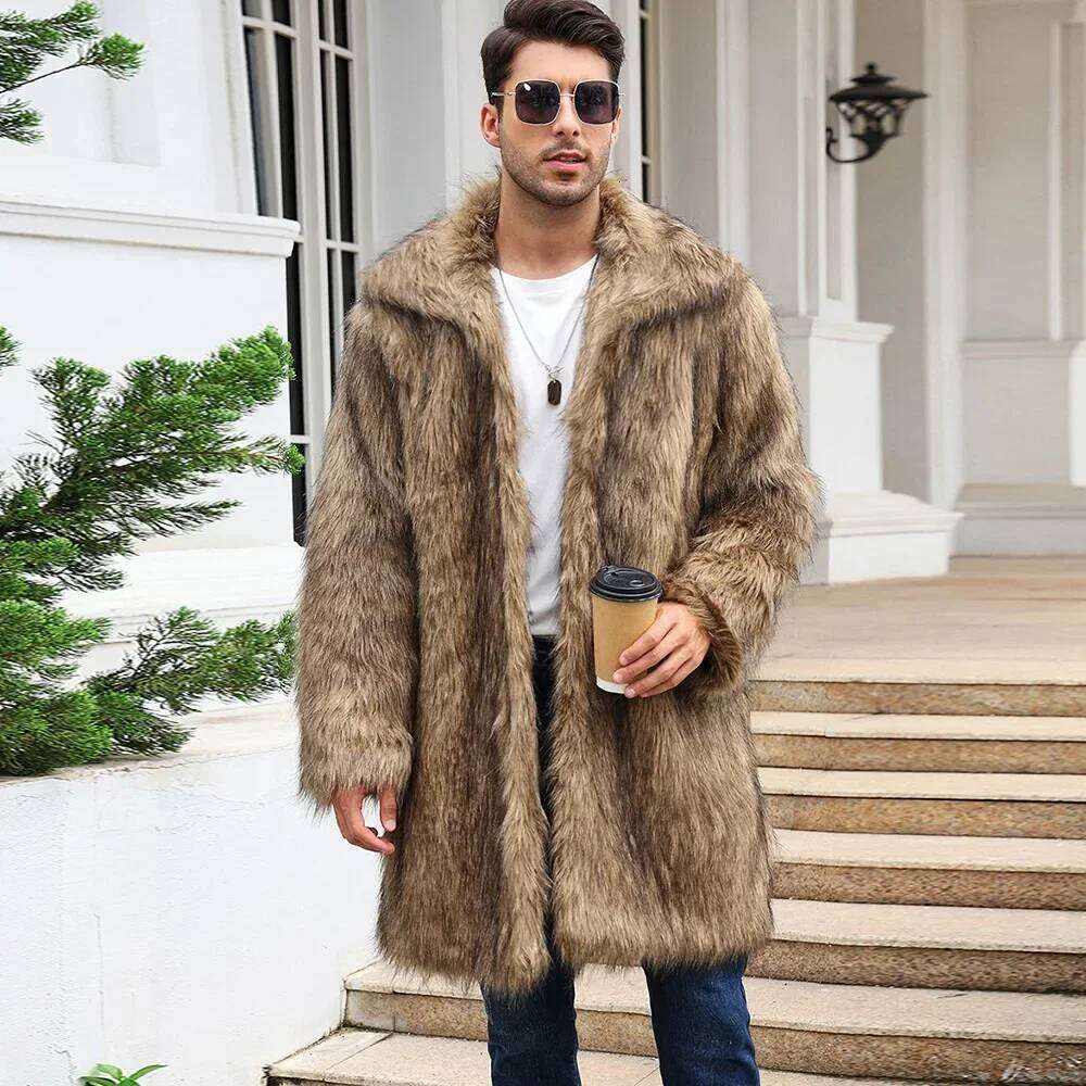 Men Faux Fox Coat Winter Thick Fluffy Sleeve Warm Shaggy Outerwear Luxury Fur Long Jacket Bontjas Jackets Mens Z260313