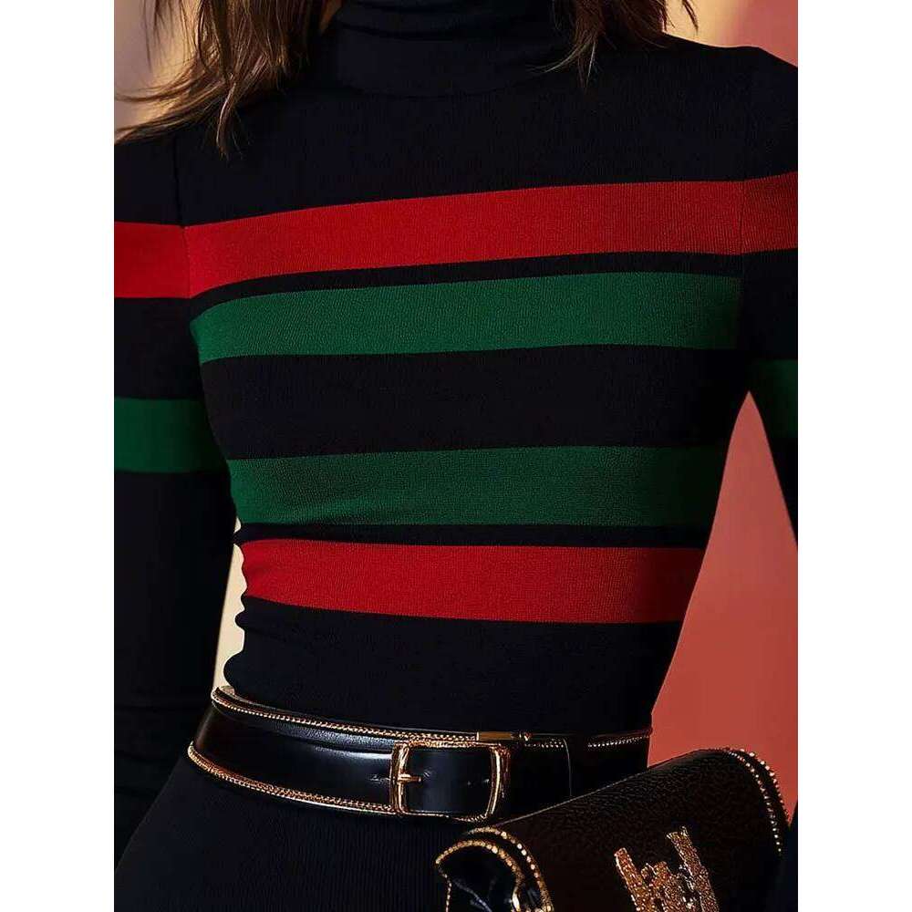 New Casual Vivid Stripes Bold Turtleneck Top Fashion Items Women Sweater Slim Autumn Winter Long Sleeve Pullover Base Layer Z260313