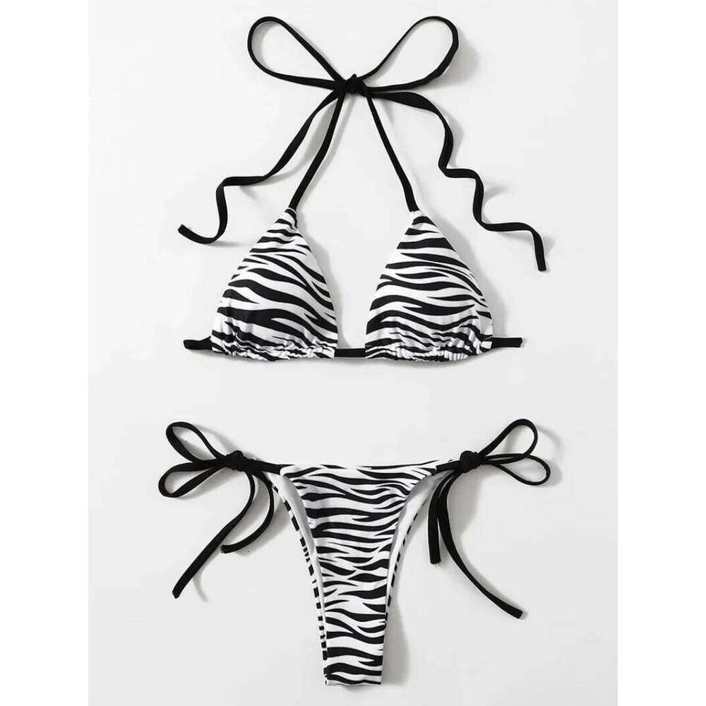 zebra striped micro bikini women halter push up bra triangle swimsuit Brazilian summer bathing swimwear 2024 swimming suit Y260303