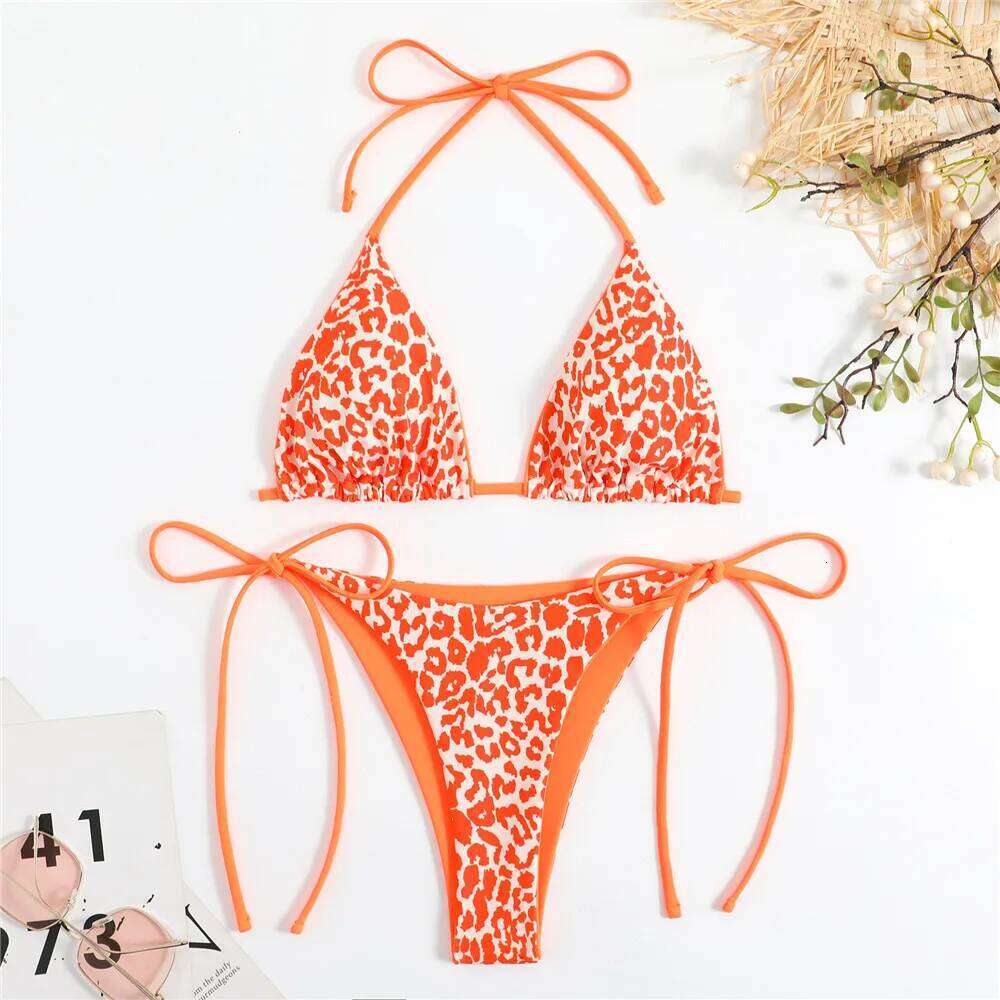 Pink Leopard Print Triangle Bikinis Sets Sexy Swimsuit 2025 Micro Thong Swimwear Bathing Suit String Halter Bikini Mujer Biquini Y260303