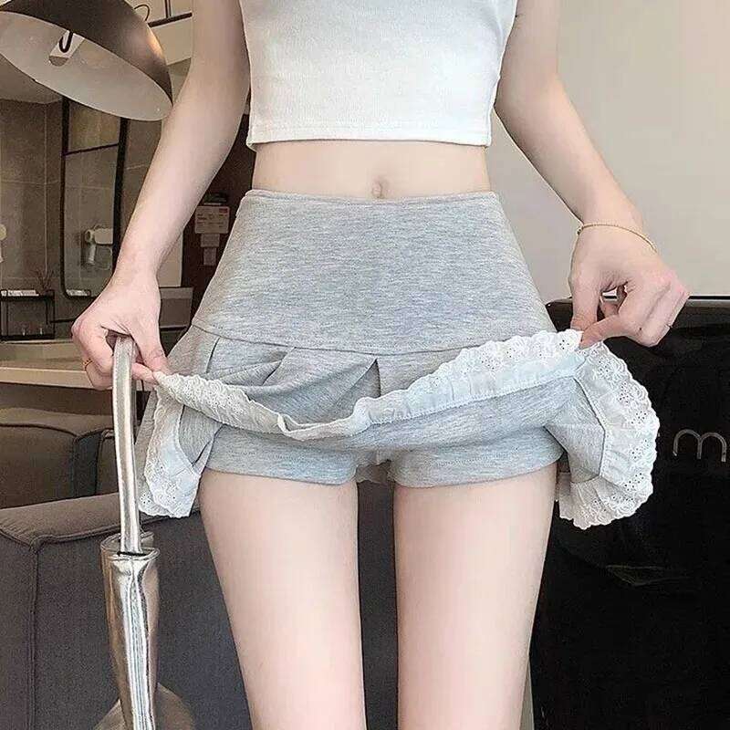 High-Waisted Skirts for Women Korean Fashion Lace Spliced Pleated Ladies Summer All-Match Anti-Glare Mini Skirt Z260314