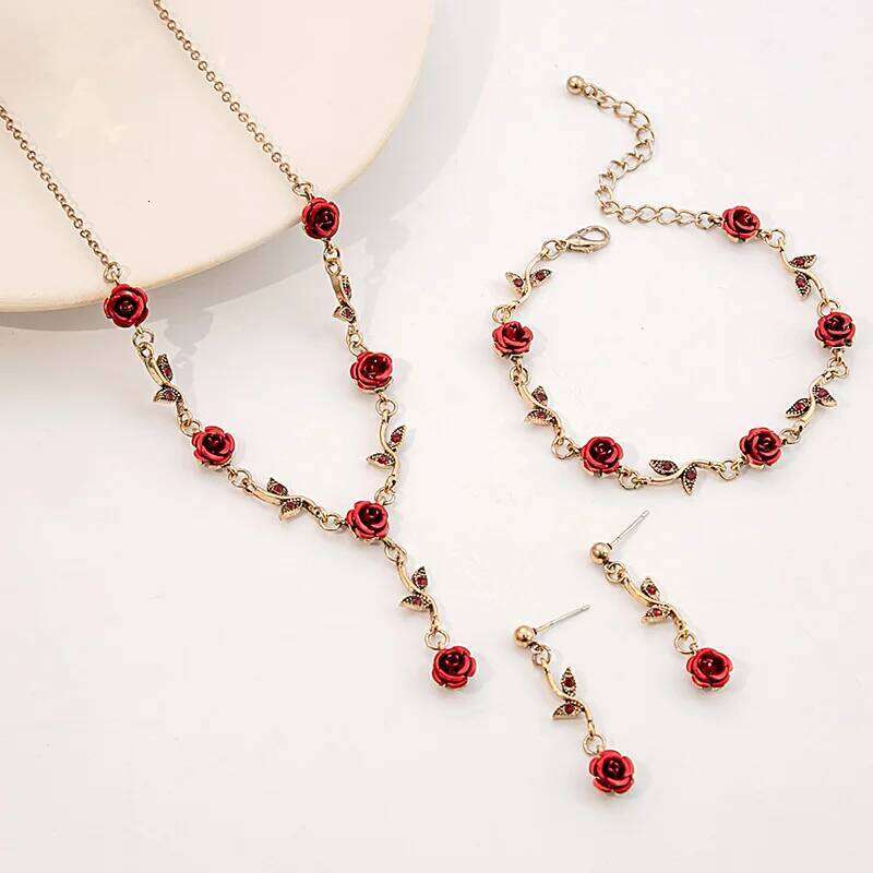 Vintage French Red Rose Flower Set for Women Fashion Romantic Clavicle Chain Necklace Engagement Jewelry Gifts H260312