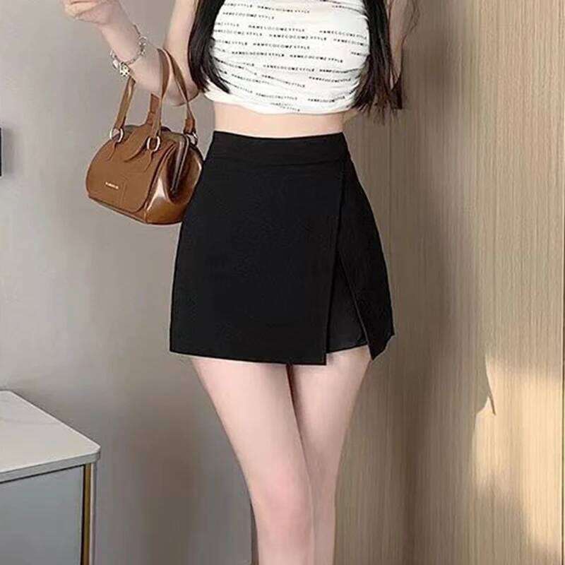 Black Side Split Mini Women Summer New Fashion High Waist A Line Vintage Casual Slim All Match Hip Wrap Shorts Skirt Z260314