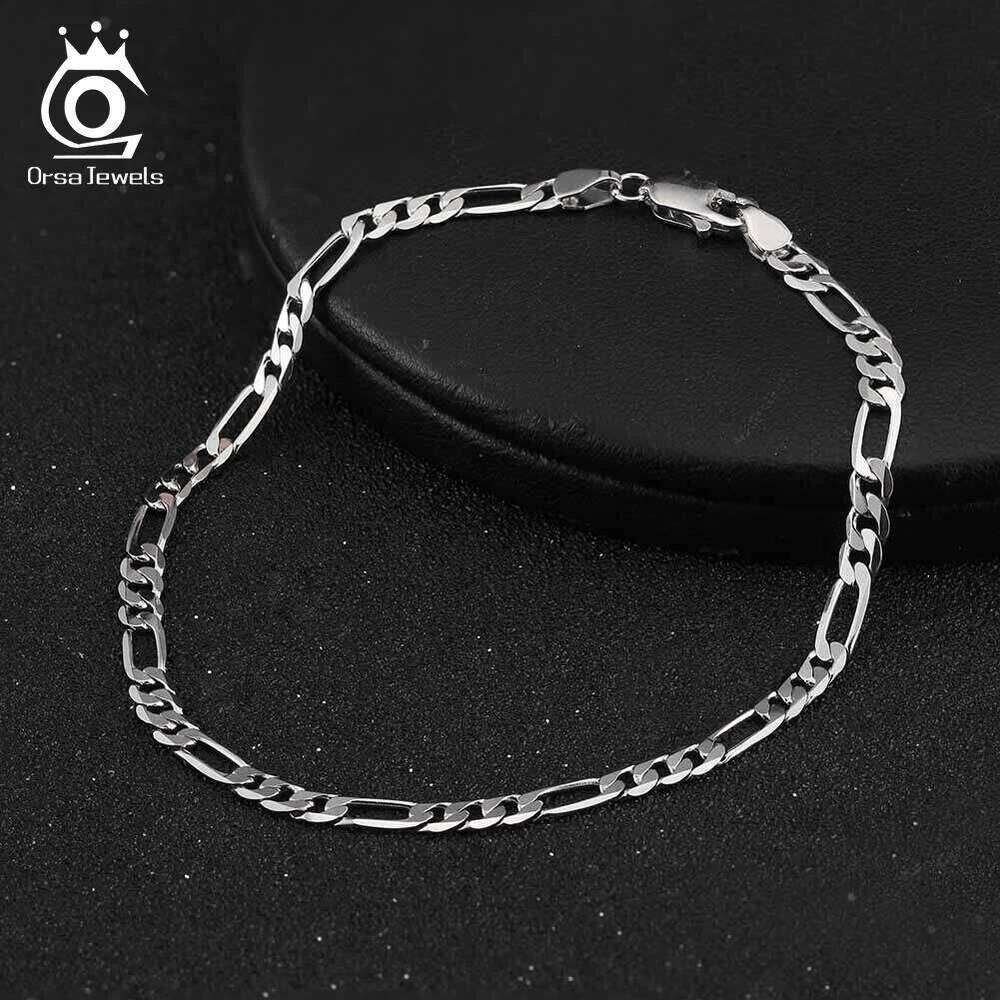 ORSA JEWELS 100% 925 Sterling Silver Italian 3.3mm Diamond-Cut Figaro Chain Bracelet for Women Handmade Party Jewelry SB66 Z260313