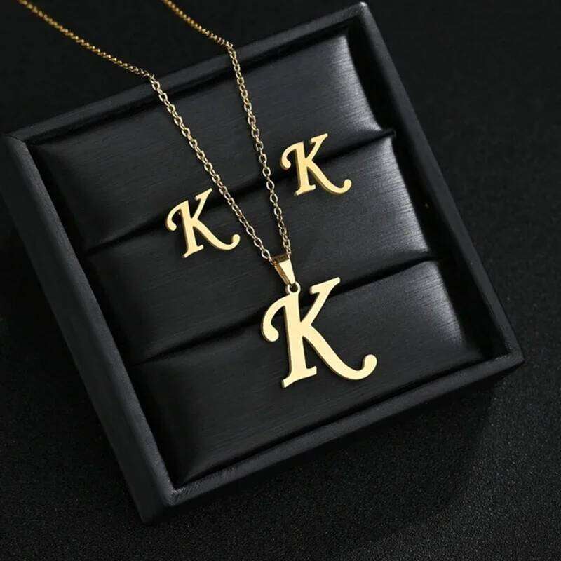Fashion Stainless Steel A-Z Alphabet Initial 26 English Letter Earrings Necklace For Women Set Personalize Jewelry Gift H260312