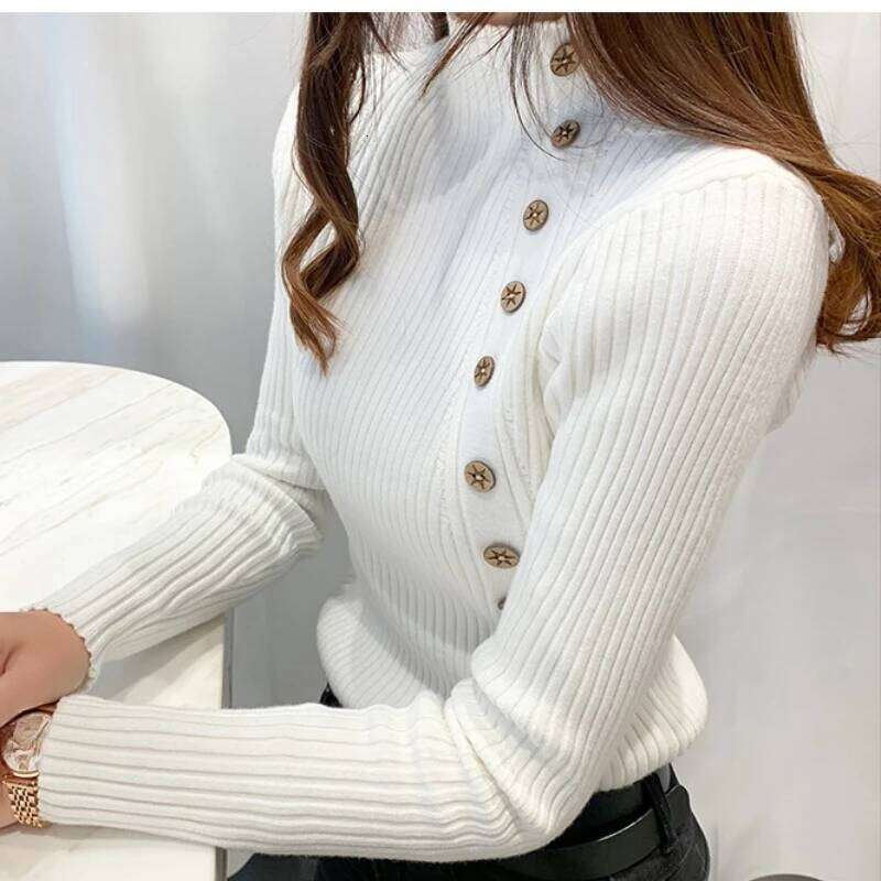 Spring Autumn Mock Neck Skinny Elastic Knitted Shirt Women Pullover Sweater Tops Female Long Sleeve Slim Knit Shirts Knitwear Z260313