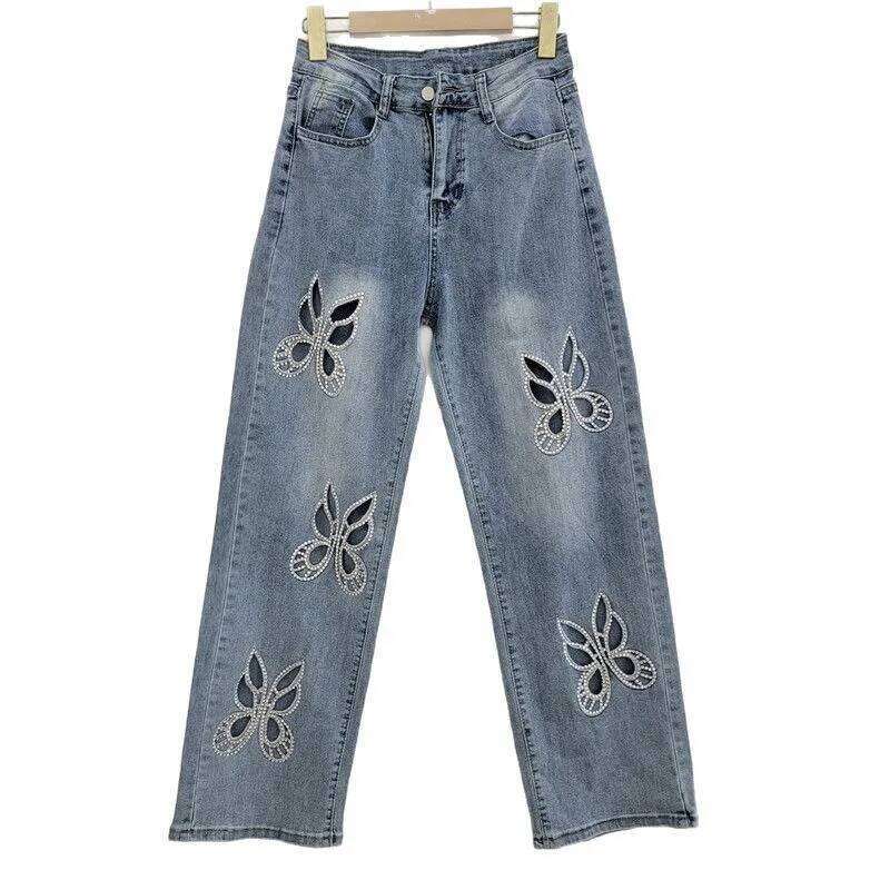YEAE Women's Jeans High Waist Straight Flowers Shape Hollow Out Rhinestone Wide Leg Denim Pants 2025 New Fashion Spring Z260313