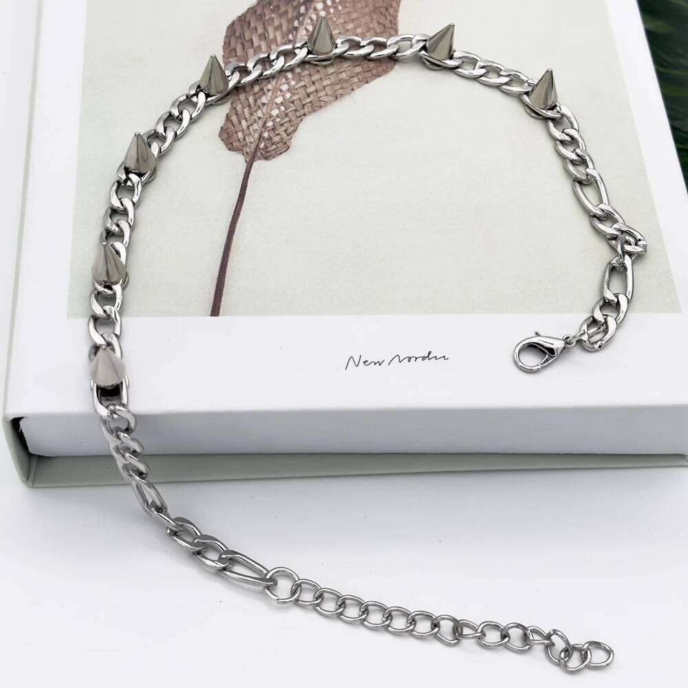 Retro Punk Silver Plated Cuban Chain Spiked Rivet Collar Necklace for Women Men Unisex Grunge Goth Choker Y2K Jewelry H260312