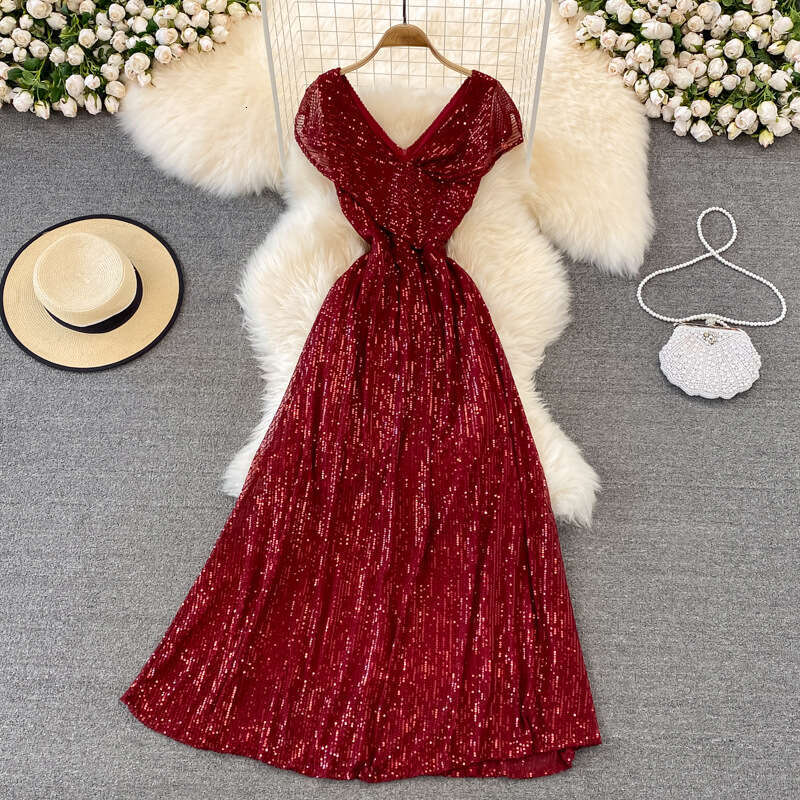2026 sequin evening gown elegant V-neck dress for hosting and performances, long party dress with high waist, slim A13 fit and wide hem