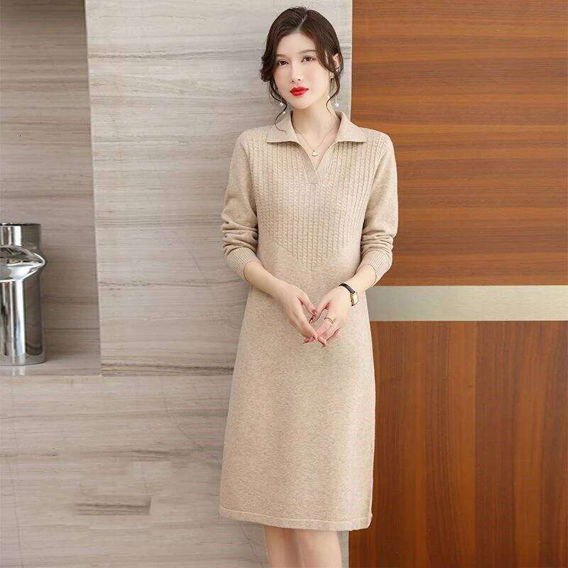 Autumn Women's Lapel Fashionable Knee Length Sweater Dress Loose Temperament Solid Color Straight Knit Bottom Skirt Z260313