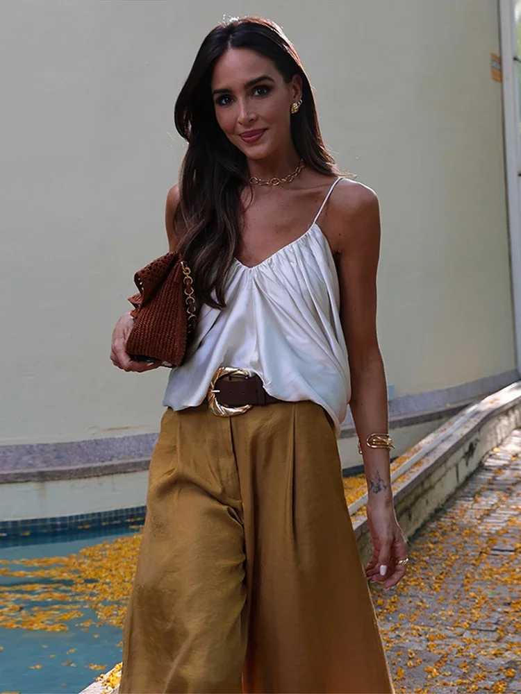 Elegant Women Vest Pants Set Solid Sling V-neck Backless Tops Belt Zipper Wide Leg Long Trouser Lady Suit Summer Chic Streetwear M260313