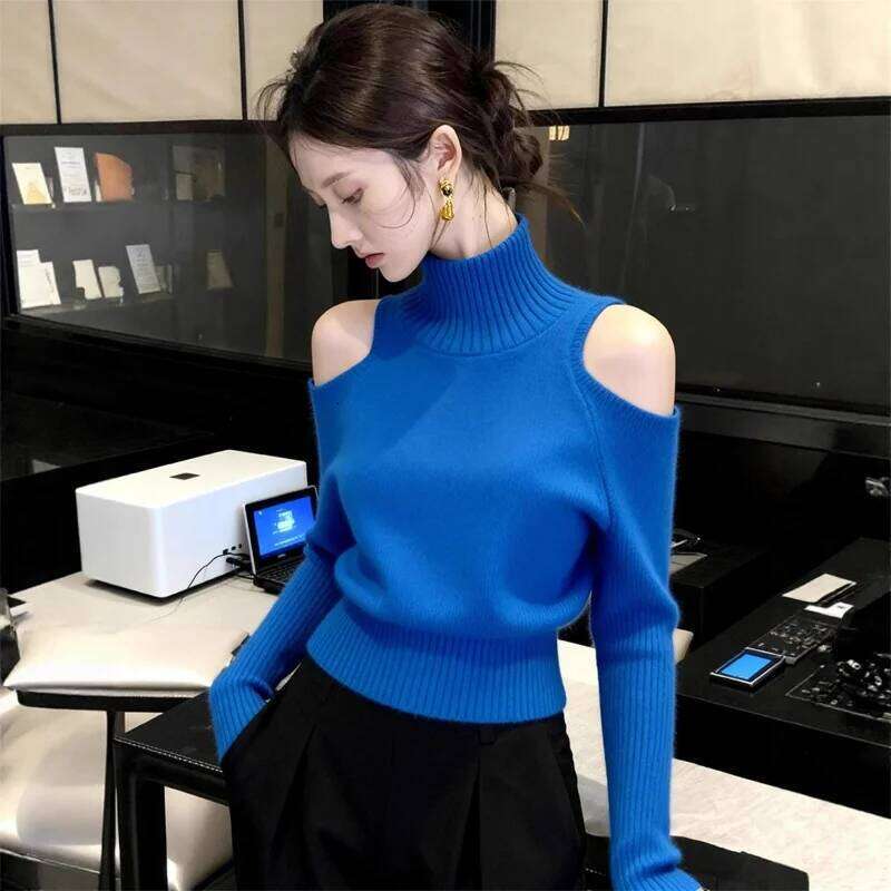 Red Off Shoulder Turtleneck Sweater Women Autumn Winter Lazy High End Sense Top Unique Stylish Knit Base Shirt Z260313