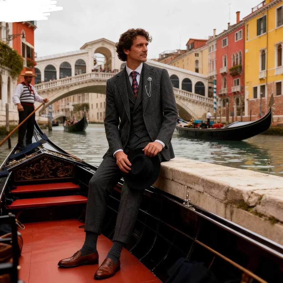 Mens Tweed Spine Trench Coat Wedding Suit Casual Style 3-Piece Mens Fashion Terno De Espinha Transversal M260313