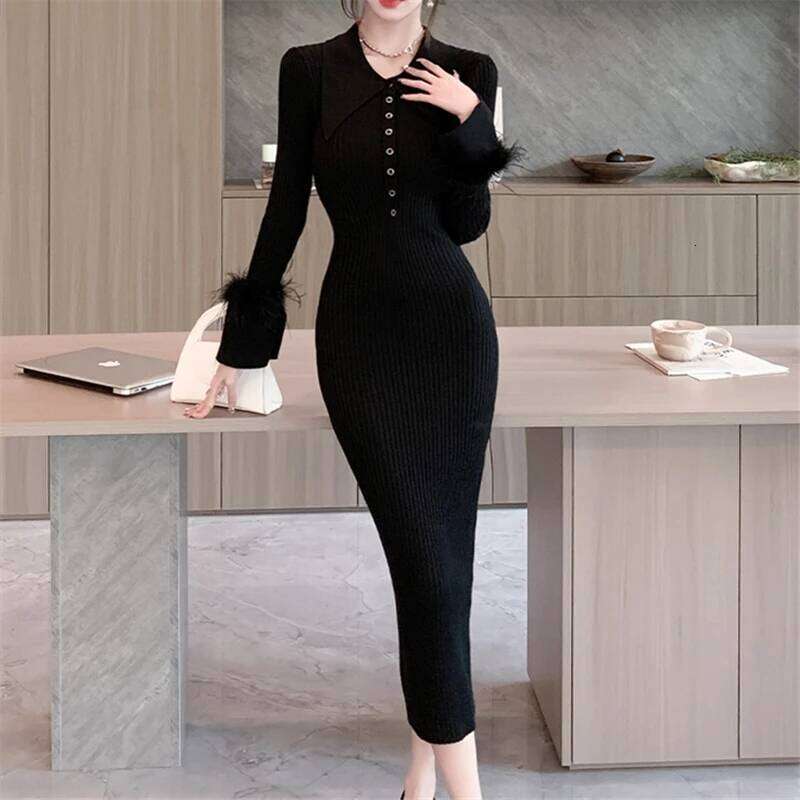 Seoulish Autumn Winter Polo Collar Women's Wrap Knitted Dresses Long Sleeve Sheath Knitwear Office Bodycon Dress Female 2023 New Z260314