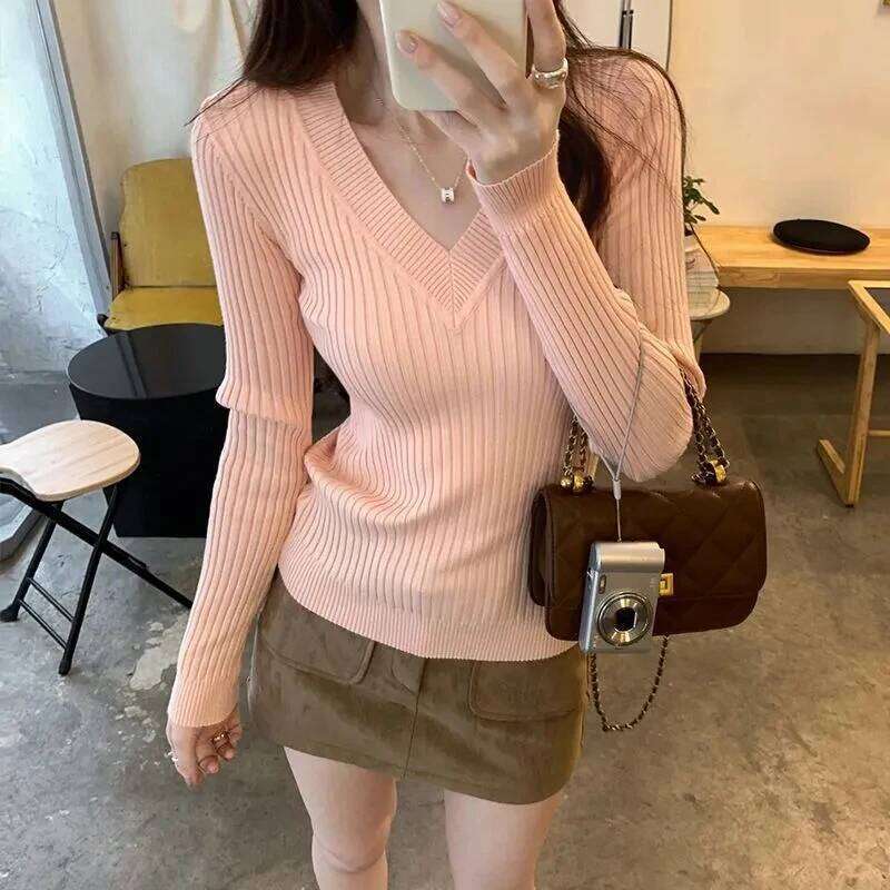 Chic V Neck Knit Sweater Women Korean Solid Simple Office Lady Long Sleeve Pullovers All Match Slim Fit Gentle Bottoming Jumpers Z260313