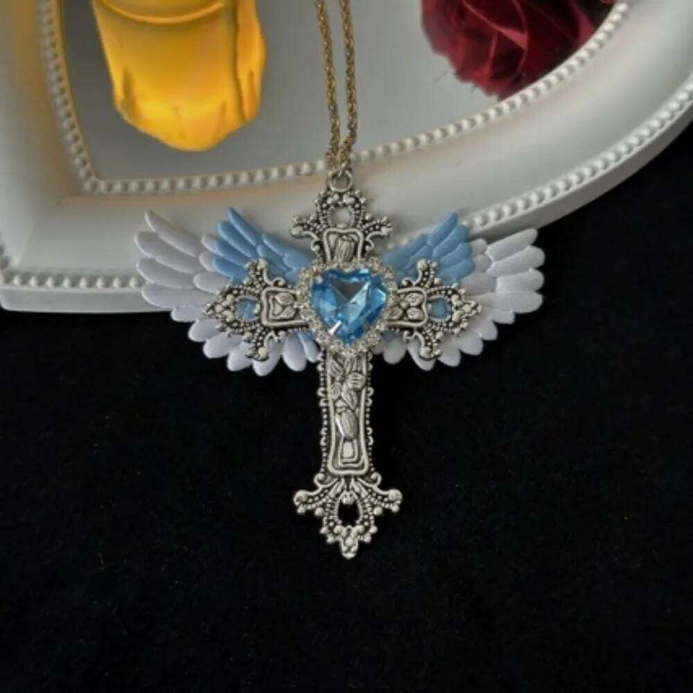 Y2K Gothic Angel Wings Cross Necklace Punk Long Chain Lolita Dark Aesthetic Choker for Women and Teens H260312