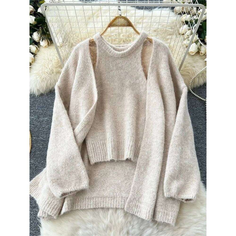 2025 New Fashion Solid Cashmere Sweater Long Sleeves Loose Warm Cardigan+Sleeveless Knitting Tank Top Winter Gentle Casual Tops Z260313