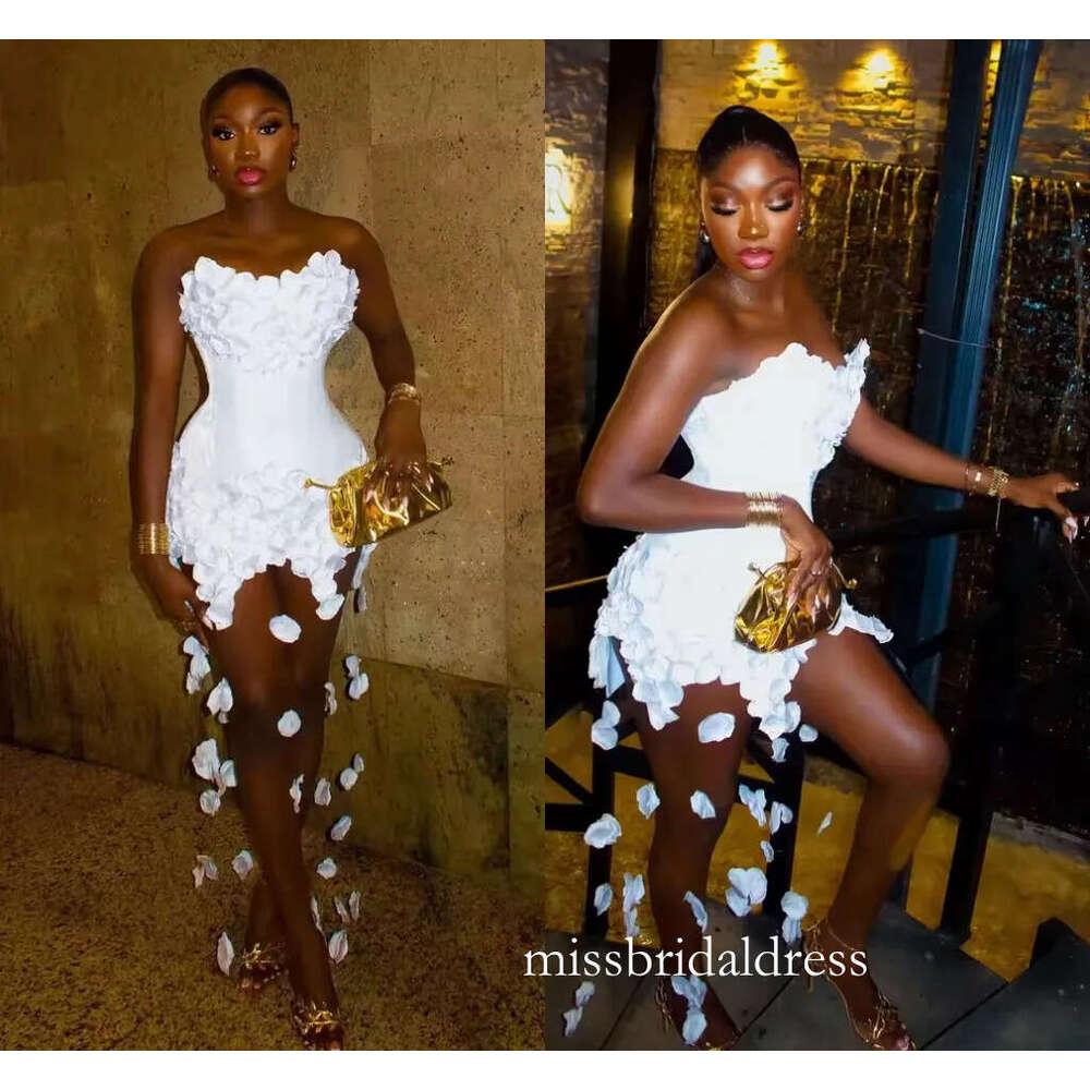 Alluring White Petals Cocktail Party Dresses For Women Aso Ebi Strapless Sexy Prom Formal Gowns Illusion Skirt Dropping Flowers Homecoming Night Club 