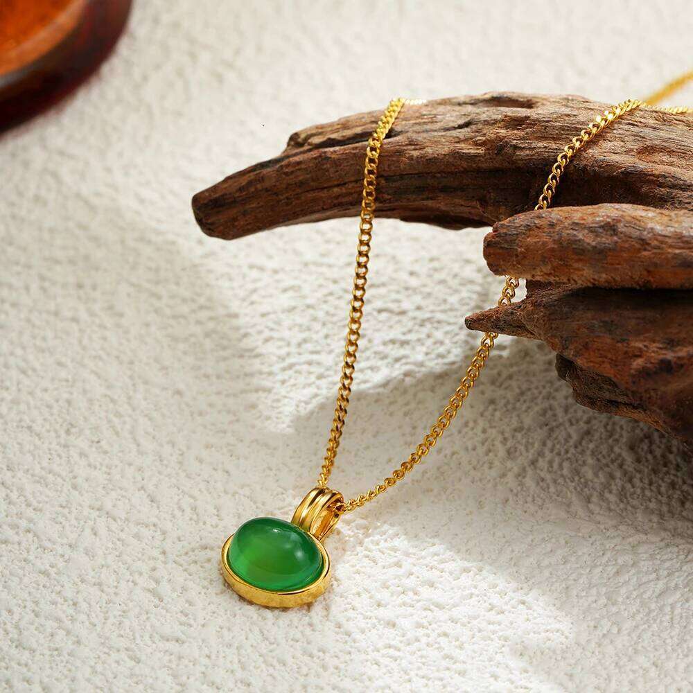 18k natural stone tiger eye plated, mint green, oval anti allergy, stainless steel necklace, women's jewelry gift H260312