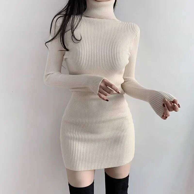 Smvp 2024 Autumn Winter New Sexy Slim Thick Basic Bottoming Dress Women Turtleneck Sweater Skirt Lady Solid Color Bag Hip Skirts Z260314