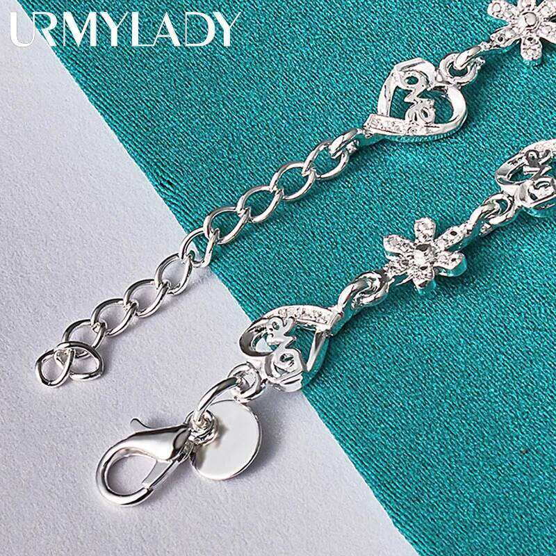 URMYLADY 925 Sterling Silver Flower Love Heart Bracelet For Women Wedding Fashion Gift Jewelry Z260313