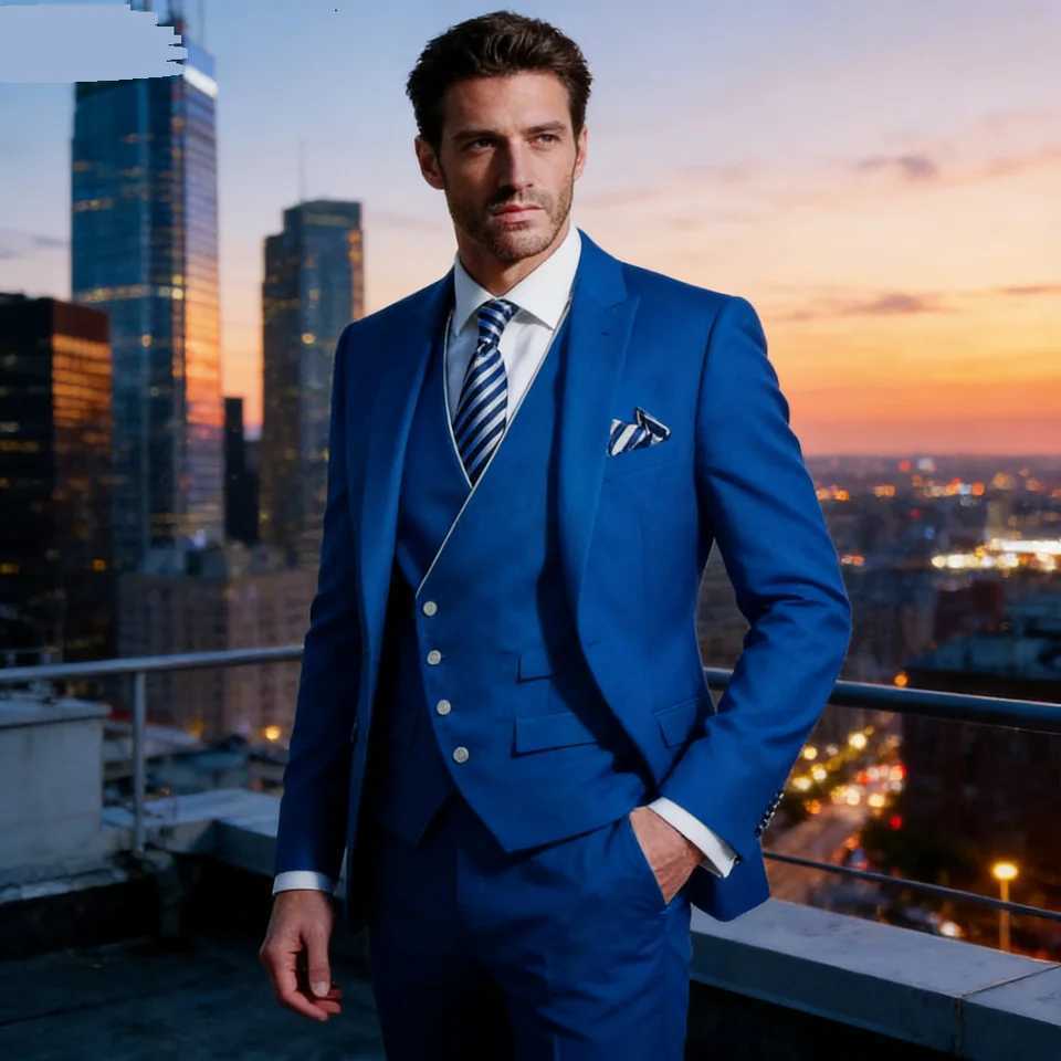 Solid Color 3-Piece Mens Suit Fashionable New Formal Business Wedding Unique Button Lapel Tuxedo Vest Pants Set M260313