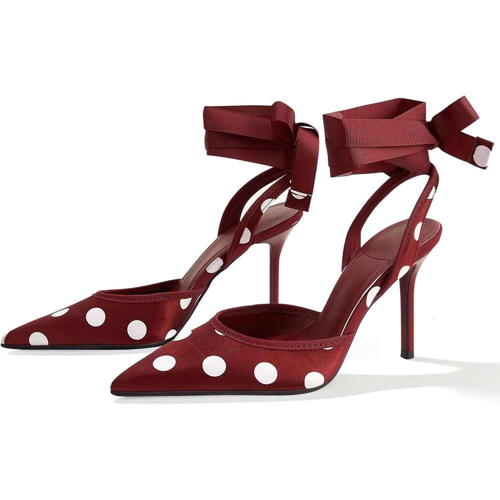Polka Dot Heels For Women Pointed Toe Pumps Lace Up Satin Heeled Sandals Womens Stiletto Heel Shoes Evening Party Wedding MOJIDASHU