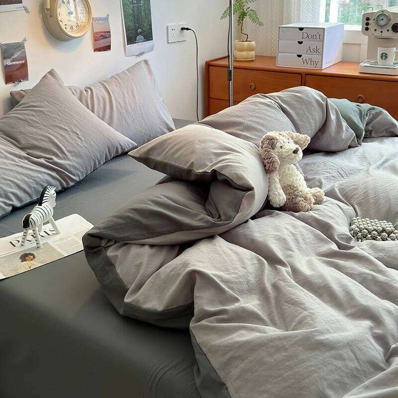 2025 washed cotton solid color four piece set for student dormitory bed sheets duvet covers, small and fresh brushed bedding H260312 - view 3