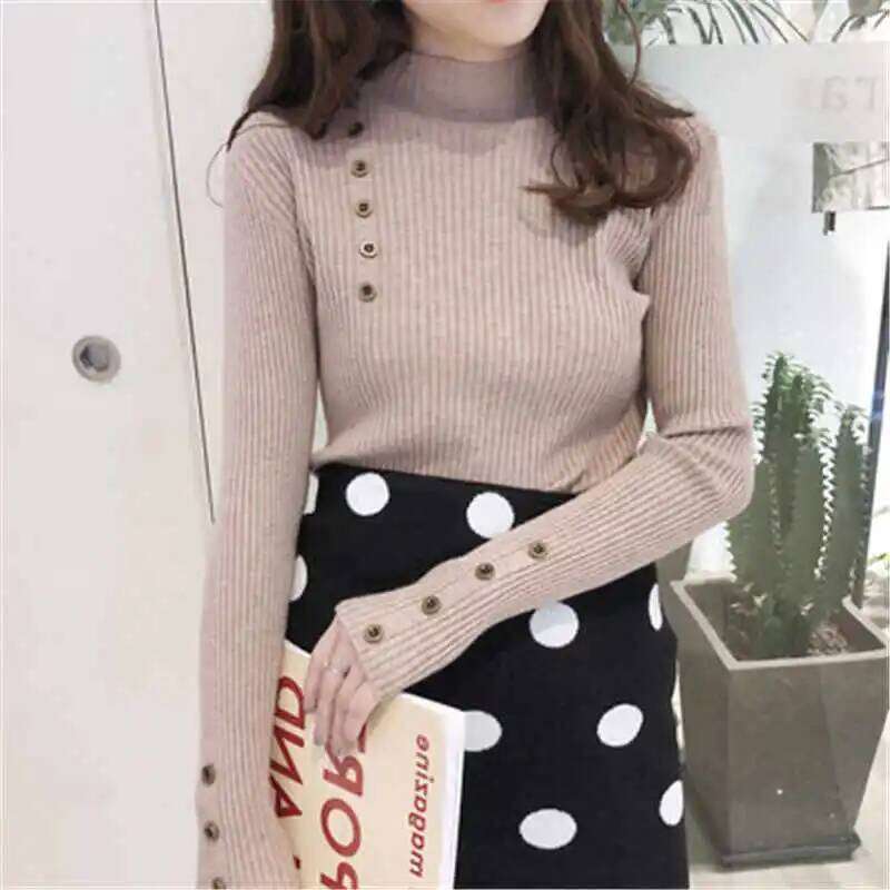 Long Sleeve Black Knitted Pullovers Fashion Mock Neck Knit Sweater Pullover Tops Women Clothing 2025 Q1662 Z260313