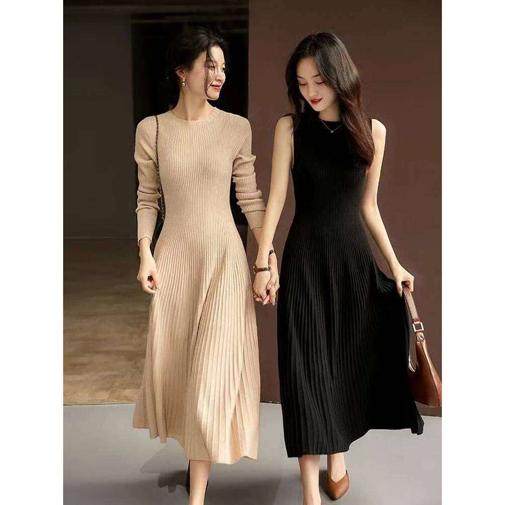 Women Sweater 100% Merino Wool A-Line Pleated Skirts Spring Autumn Pullover Cashmere Thin Slim Flare Dress O-neck Knitwear Z260313