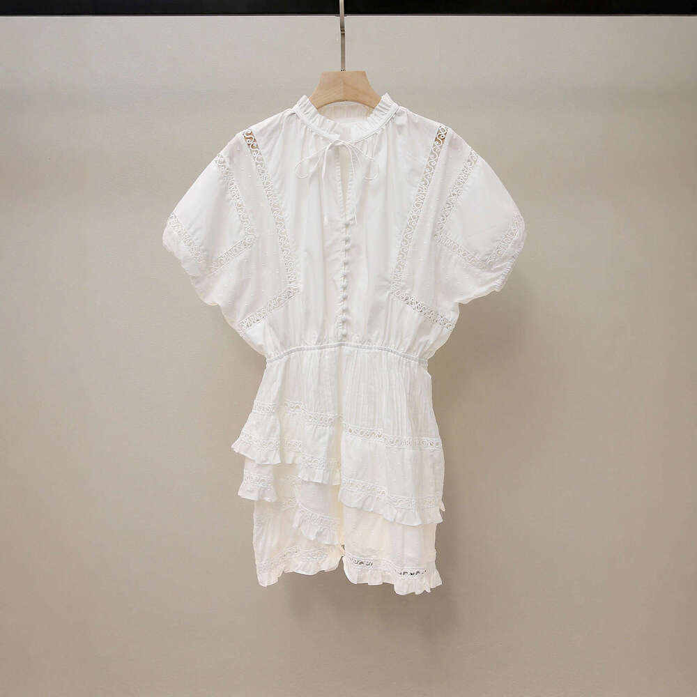 2026 Spring/Autumn New Designer French White Moonlight Lace Dress with Hollow out Ruffle Short Skirt
