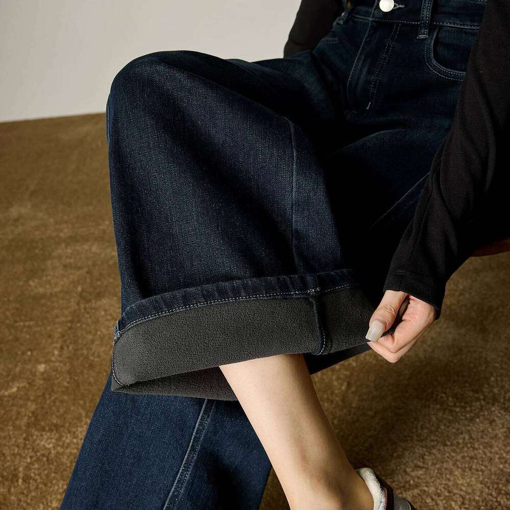 TOYOUTH Women Stretchy Jeans 2025 Winter New Fleece-Lined Warm Retro Indigo Deconstructed Split Wide-Leg Trousers Z260313