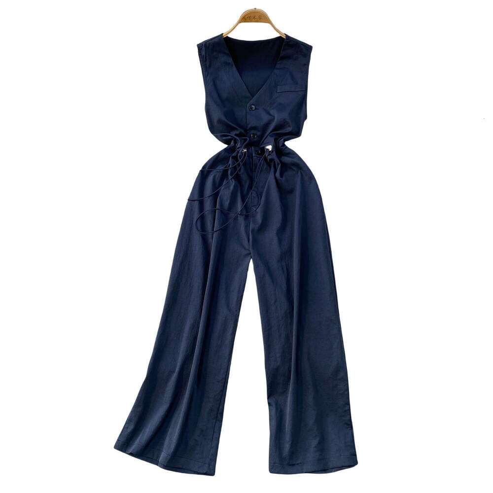 Elegant style sleeveless V-neck single breasted jumpsuit women's 2026 summer new item drawstring waist slim fit wide leg