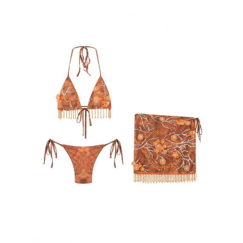 Sexy Fringe Skirt For Women's Summer Vintage Fashion Embroidery Tie Dye Orange Beach Vacation Style Bikini Three-piece Set Y260303