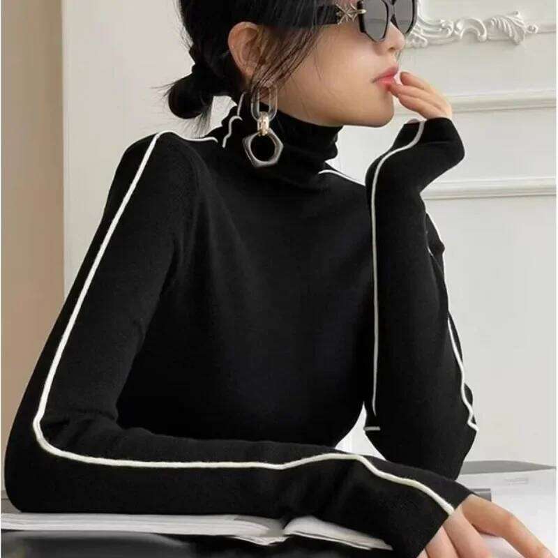 Fashion Turtleneck Pullovers Women 2023 New Autumn and Winter Slim Fit Long Sleeved Top Elegant Office Lady Sweaters Black White Z260313