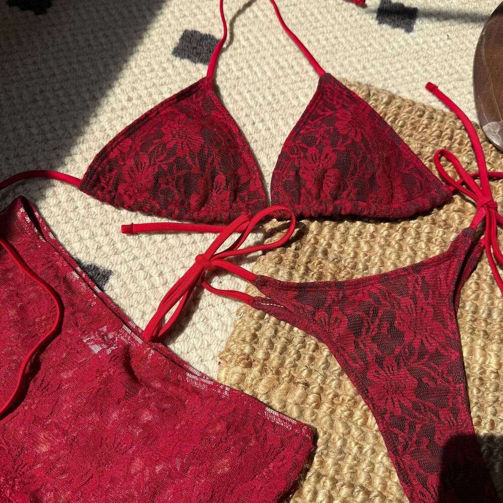 sexy lace micro string halter tie bikinis sets 3pcs with ruffles mini skirt black red color swimwear swimsuit bathing suit Y260303