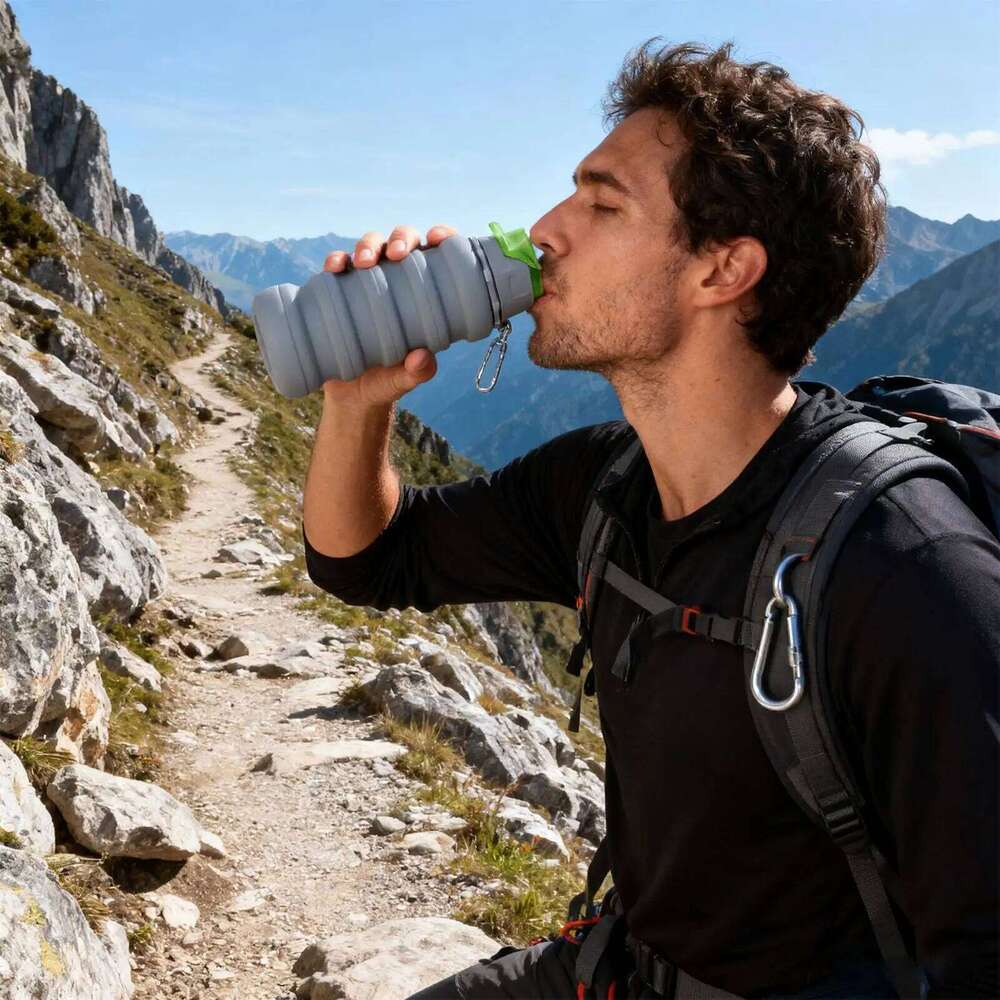 Silicone Foldable Cup with Lid Leak Proof Portable Water Bottle for Travel Camping Hiking Picnic Backpack Emergency Kit Z260313