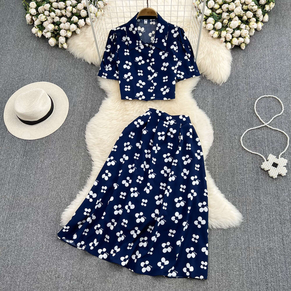 Women's Fashion Set Bubble Sleeve Top Short Sleeve Two Piece Set High Waist Printed A-line Skirt 2026
