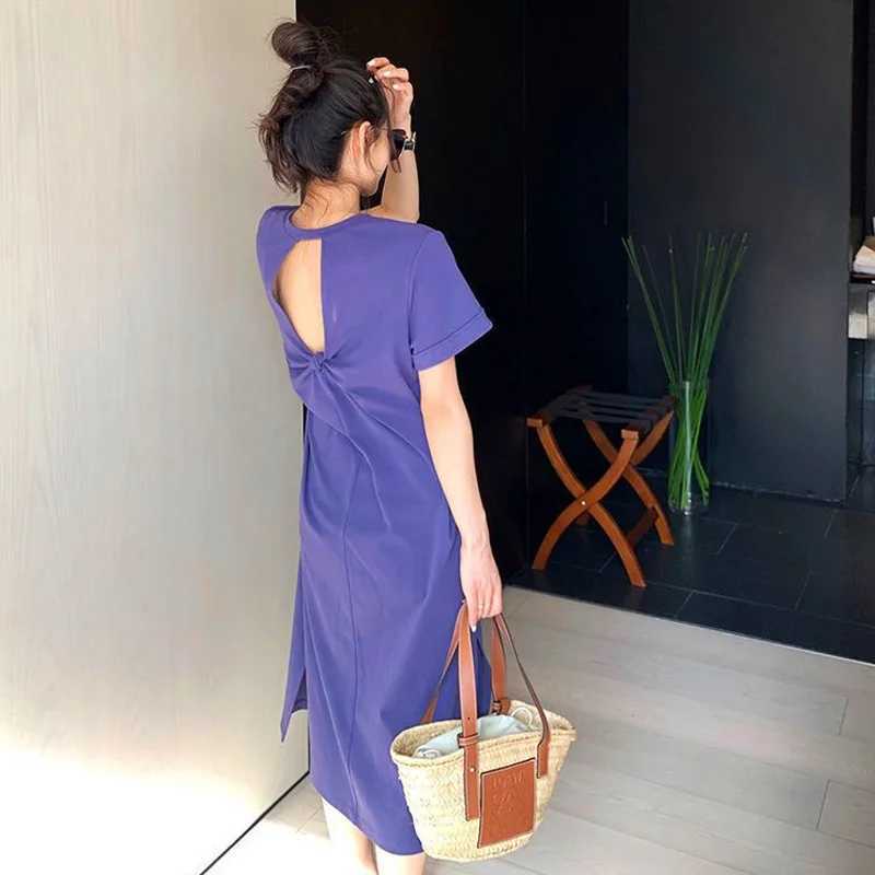 Casual Backless T Shirt Dress Summer New Round Neck Short Sleeve Solid Color Loose Midi Dress Fashion Trend Women ClothingT260314