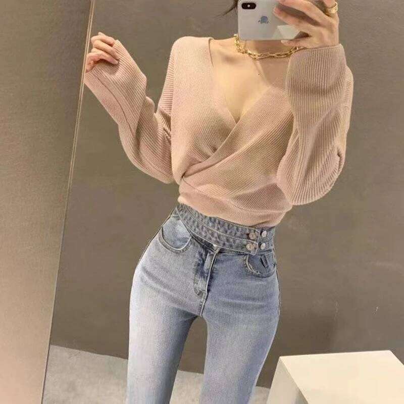 Chic V Neck Knitted Sweaters Women Irregular Cross Long Sleeve Office Lady Pullovers Fall Winter Korean Slim Fit Casual New Tops Z260313