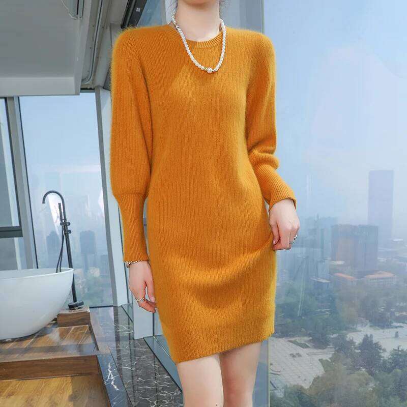 Autumn and winter O-neck sweater dress, 100% mink cashmere knitted simple long style, women's new style pullover dress Z260313