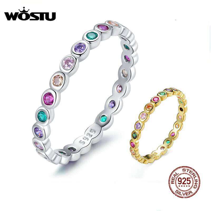 WOSTU 925 Sterling Silver Fashion Rainbow Round Dazzling Zircon Heart Finger Rings For Women Fine Wedding Jewelry CQR714 H260312