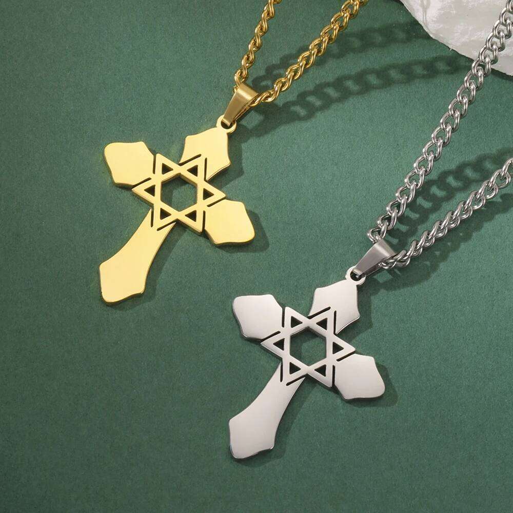 Dawapara Cross with Star of David Pendant Messianic Symbol Necklace Jewish Jewelry Protection Amulet Stainless Steel H260312