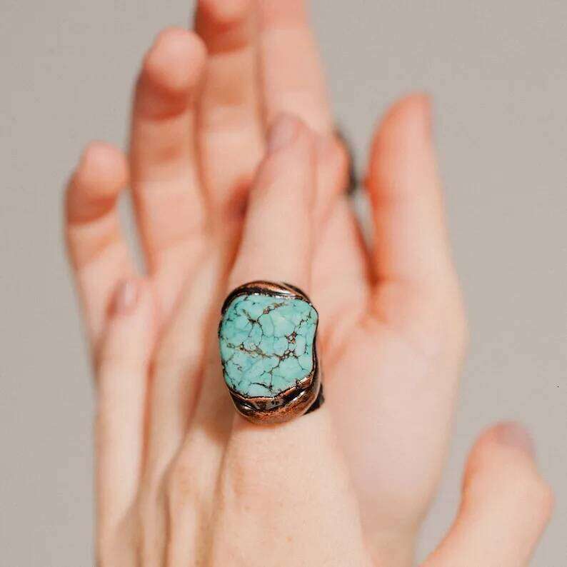 YEEVAA Chunky Turquoise Bronze Ring, Handmade Jewelry Gift H260312