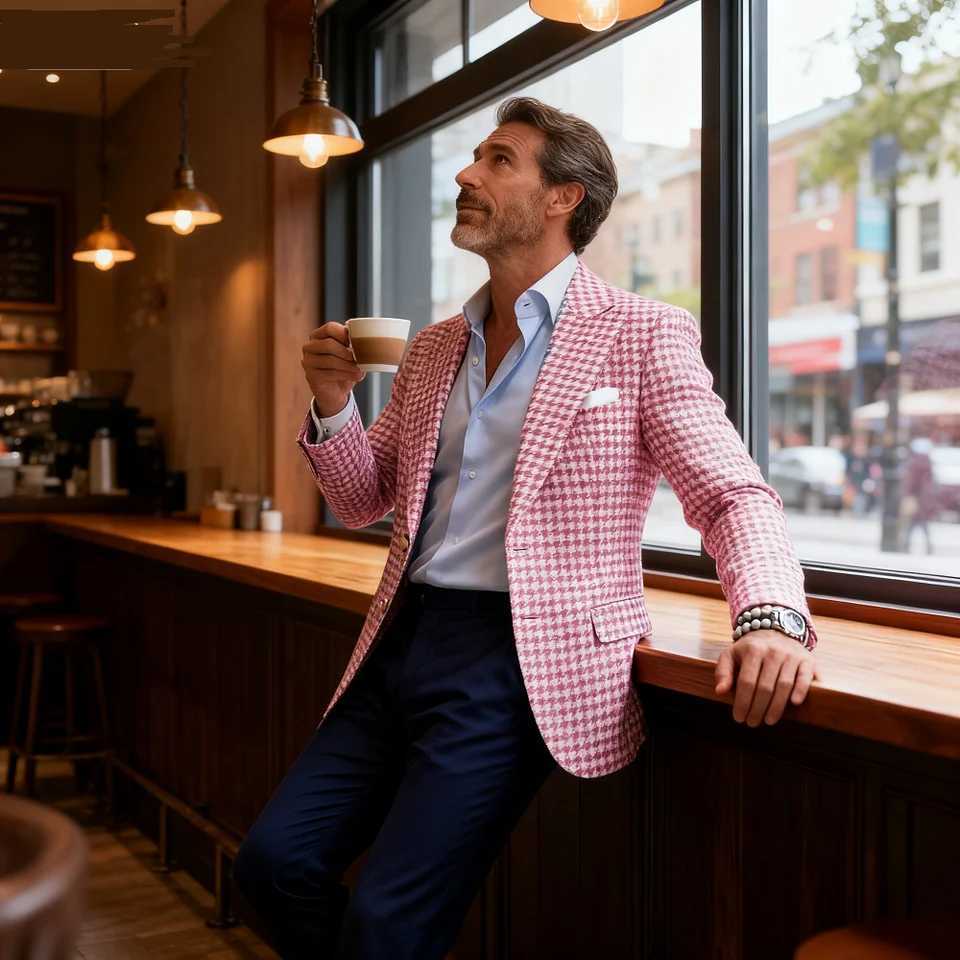 Rosa Houndstooth Terno Jaqueta De L Business Blazer Unique Top Breasted Slim Fit Check Wedding Suit Ternos M260313